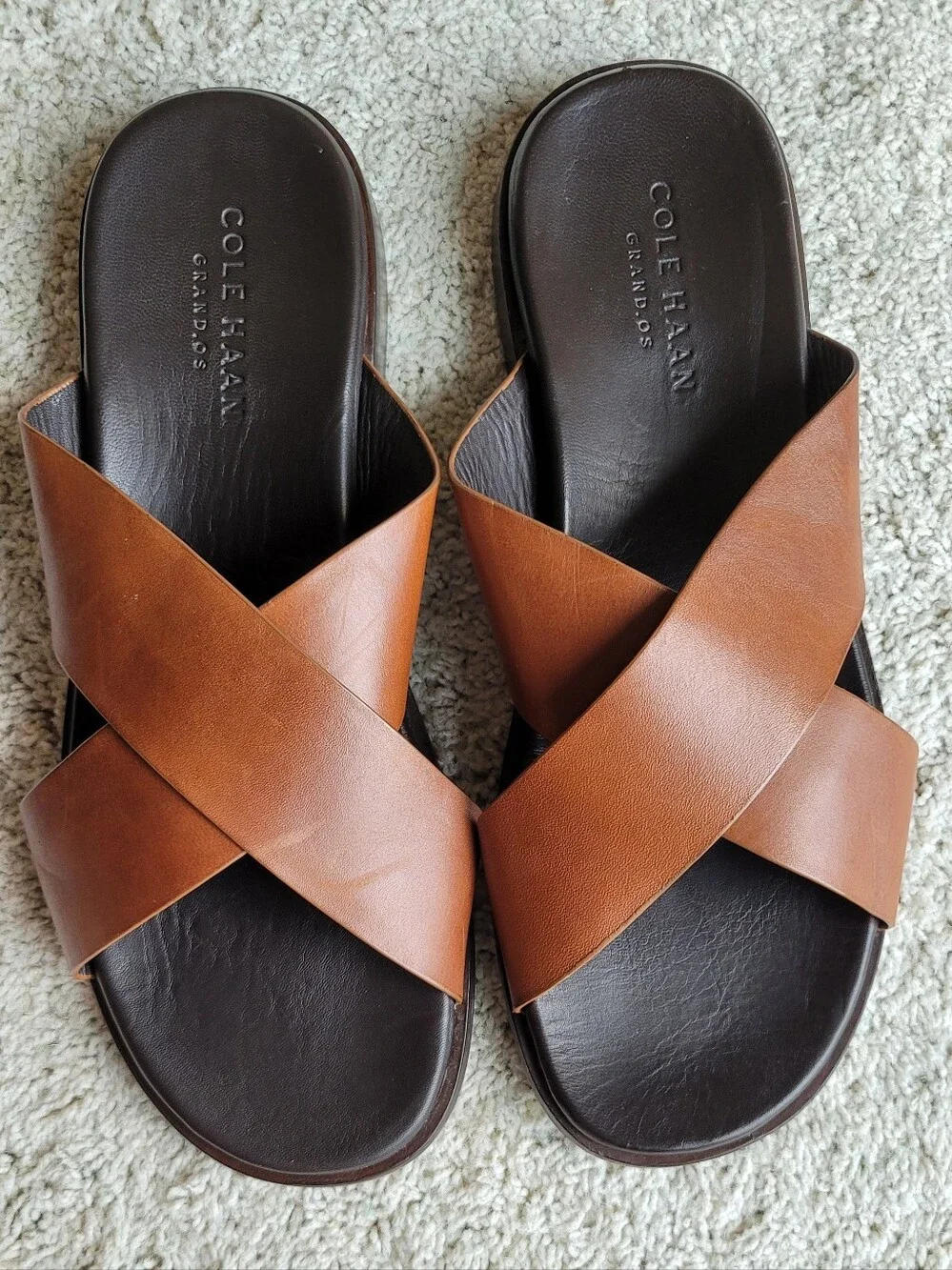 Cole Haan Grand.os Mens Brown Leather Sandals W Black Leather Footbed X Style 12